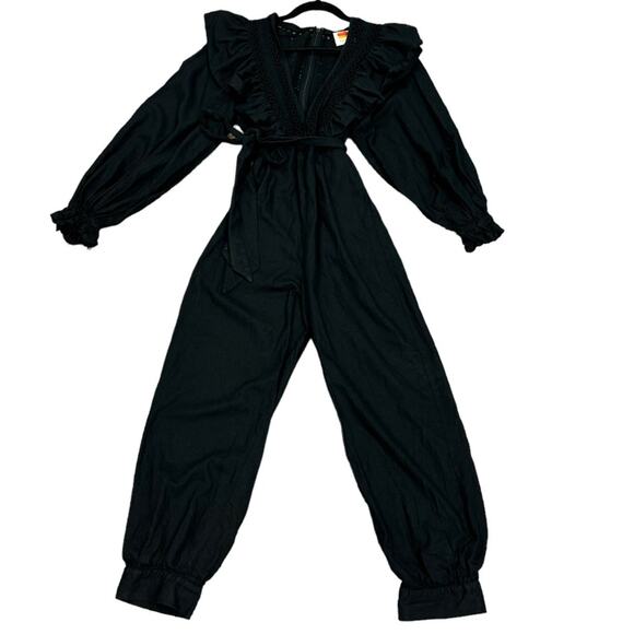 Farm Rio Black Lace Ruffle Long Sleeve V-Neck Jumpsuit Size XS - Picture 4 of 11